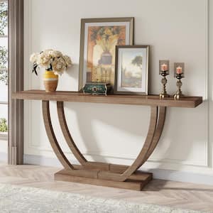 Turrella 63 in. Brown Rectangle Wood Console Table, Narrow Long Foyer Sofa Table with Geometric Legs for Hallway