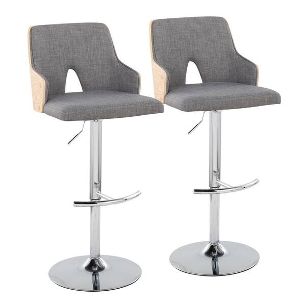 Lumisource Stella 34 in. Light Grey Fabric, Natural Wood and Chrome Metal Adjustable Bar Stool with Rounded T Footrest (Set of 2)
