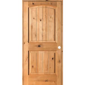 28 in. x 80 in. Knotty Alder 2 Panel Left-Hand Arch Top V-Groove Clear Stain Solid Wood Single Prehung Interior Door