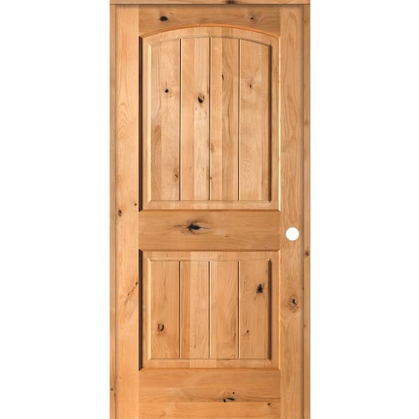 EMOH 30 in. x 80 in. Knotty Alder 2 Panel Left-Hand Arch Top V-Groove Clear Stain Solid Wood Single Prehung Interior Door