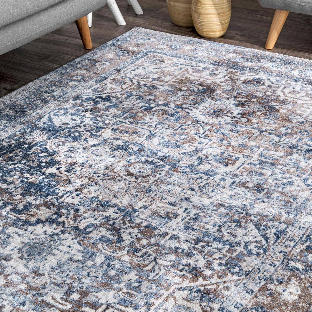 Reversible Medallion Light Blue 5' Square Synthetic Area Rug