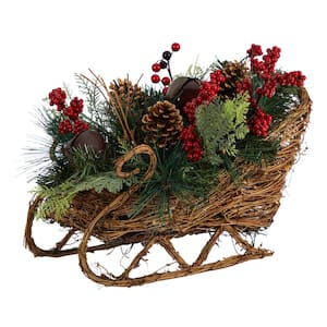 18 in. Unlit Christmas Sleigh with Pine, Pinecones and Berries Artificial Christmas Arrangement