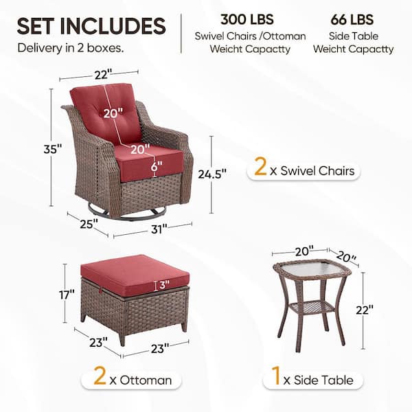 Modern Farmhouse 5-Piece Brown Wicker Outdoor Rocking Chair with 6 In. Red Cushions /Patio Matching Ottomans