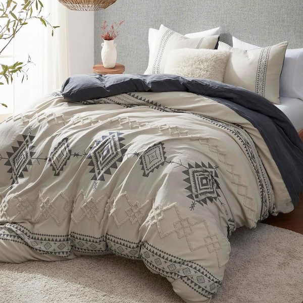 3 Pieces Queen Size Microfiber Bedding Set,Boho Duvet Cover Set,Gray