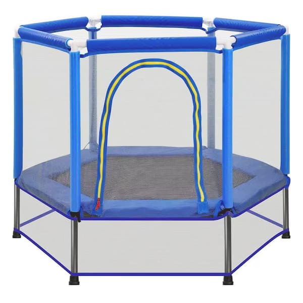 Ami 55 Inch Blue Toddlers Trampoline with Safety Enclosure Net and Ocean Balls, Indoor Outdoor Mini Trampoline for Kids