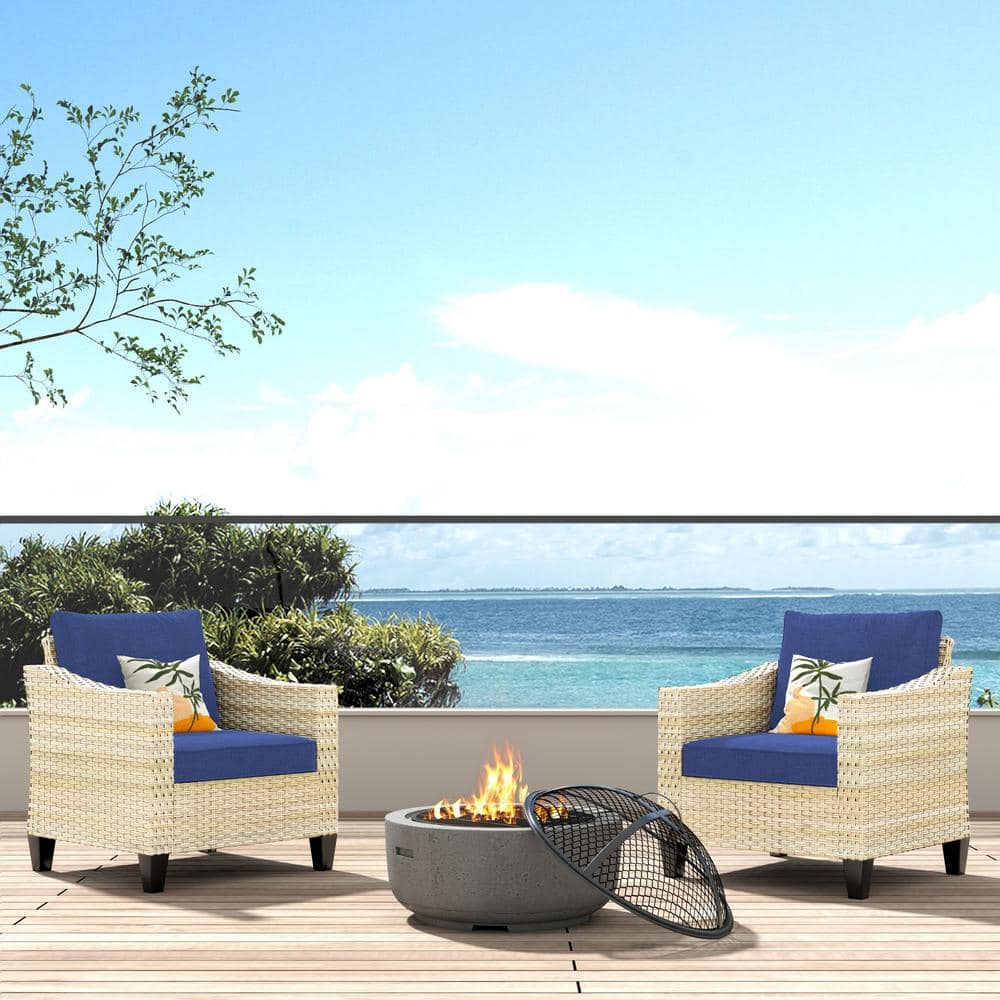 Oconee Beige 3-Piece Wood Fire Pit Seating Set with Navy Blue and Cushions Outdoor Patio Lounge Chair a Burning -  HOOOWOOO, WFP-DAR703