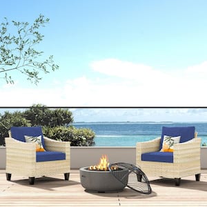 Oconee Beige 3-Piece Wood Fire Pit Seating Set with Navy Blue and Cushions Outdoor Patio Lounge Chair a Burning