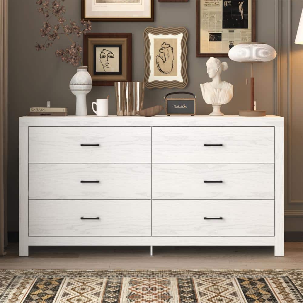 White Wood Finish 6-Drawer 63 in. x 15.7 in. x 33.1 in. Dresser, Wooden Chest of Drawers for Bedroom