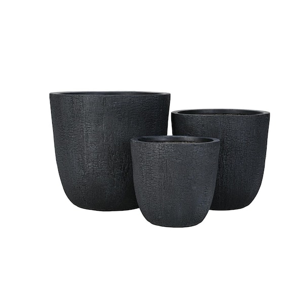 Yorkland 16.93 in. Dia Black MGO Round Lightweight Concrete Outdoor Planter with Drainage Holes & Rubber Plug,(Set of 3)