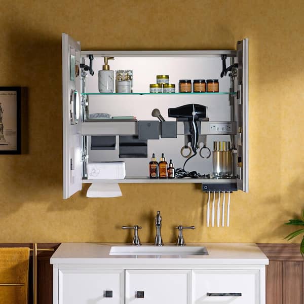 30.75 in. W x 27.5 in. H Rectangular Aluminum Surface-Mount Bathroom Medicine Cabinet with Mirror and LED Light in White