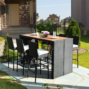 7-Piece Wicker Rectangular 43 in. Outdoor Dining Set with White Cushions