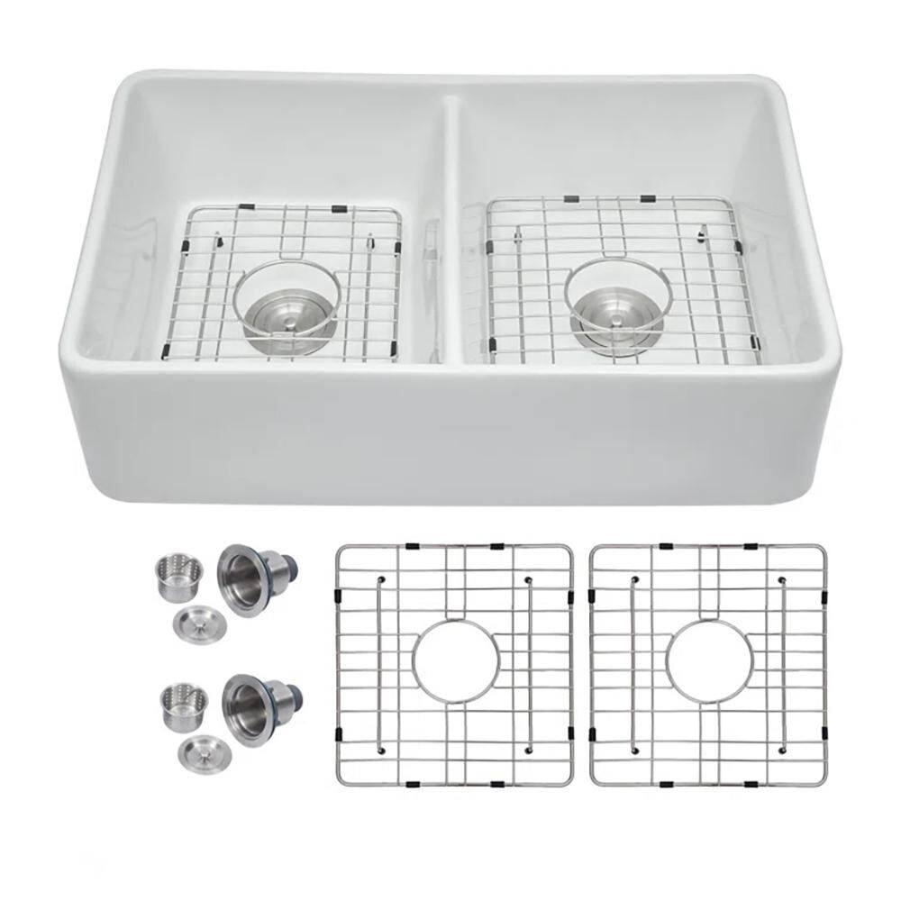 32 in. Fireclay Farmhouse Sink Double Bowl 50/50 White Kitchen Sink with Bottom Grid price history on PriceWatchPro