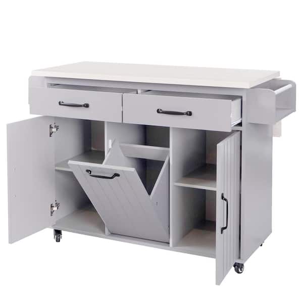 Unbranded Gray Wood Particle Board 51.06 in. W. Kitchen Island on Wheels with Drop Leaf, Spice Rack, Towel Rack and Drawer
