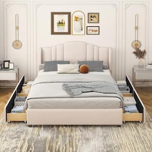 Beige Wood Frame Upholstered Queen Size Platform Bed Frame with Wingback Headboard and 4 Drawers,Linen Queen Storage Bed