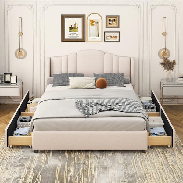 URTR Beige Wood Frame Upholstered Queen Size Platform Bed Frame with Wingback Headboard and 4 Drawers,Linen Queen Storage Bed