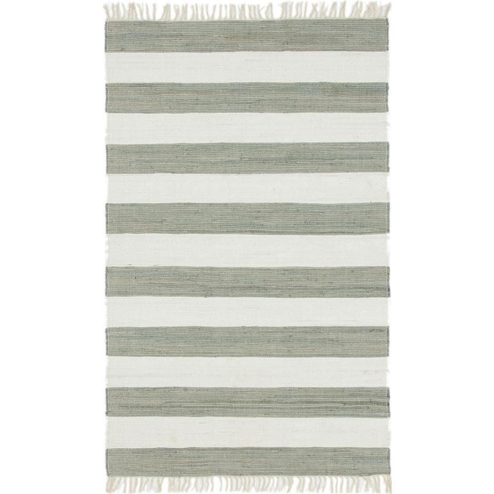 Handwoven Striped Chindi Rag Rug in Gray and Cream Cotton