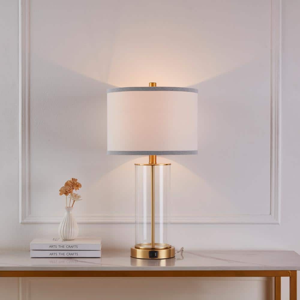 23.25" Clear Glass and Antiqued Brass Table Lamp Set with USB Ports