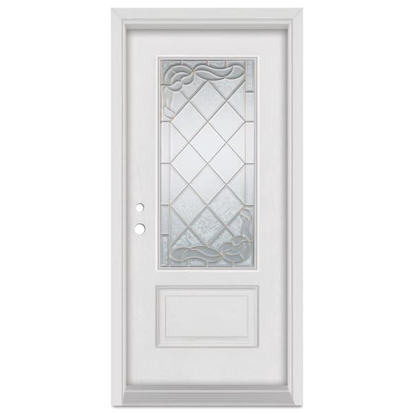 Stanley Doors 32 in. x 80 in. Art Deco Right-Hand 3/4 Lite Decorative Brass Finished Fiberglass Mahogany Woodgrain Prehung FrontDoor