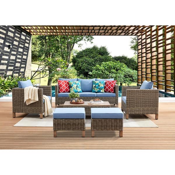 Summax 6-Piece Wicker Patio Conversation Set with Blue Cushions