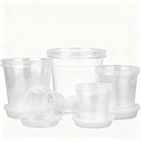 4/5/6/7 in. Plastic Garden Nursery Pots with Drainage Holes for Indoor Outdoor Plants with Sacuers, Clear (20-Pack)