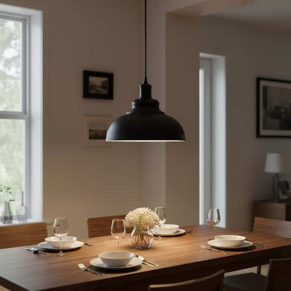 11.81 in. 1-Light Black Dome Pendant Lighting with Metal Shaded