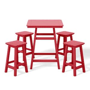 Laguna 5-Piece Fade Resistant HDPE Plastic Outdoor Patio Square Counter Height Bistro Set, Matching Barstools Red