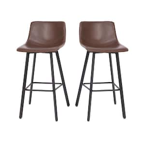 36.75 in. Chocolate Brown Faux Leather/Black Low Metal Bar Stool with Faux Leather Seat