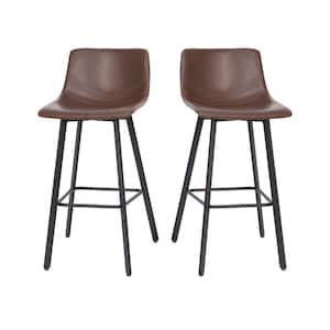 36.75 in. Chocolate Brown Faux Leather/Black Low Metal Bar Stool with Faux Leather Seat