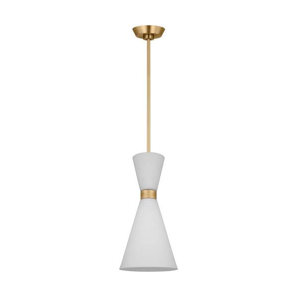 SCOTT LIVING - Belcarra Small 8 in. W x 16.375 in. H 1-Light Satin Brass Statement Pendant Light with Etched White Glass Shade