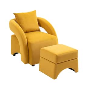 Modern Musterd Yellow Velvet Upholstered Barrel Arm Accent Chair with Ottoman