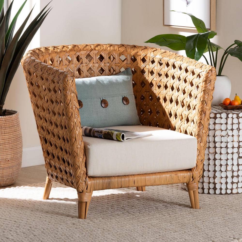 Handcrafted Natural Rattan Bohemian Accent Chair with White Cushion