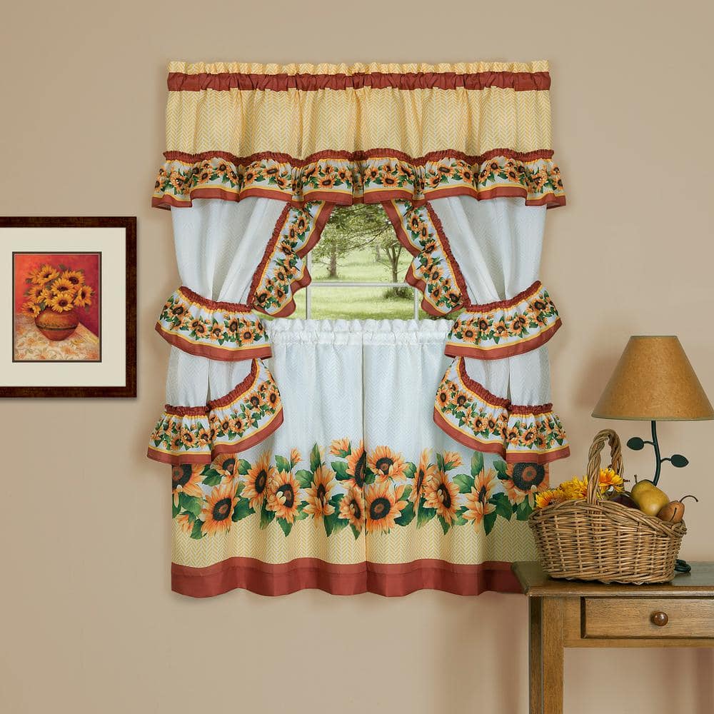 Black and Yellow Floral Polyester Tier Curtains