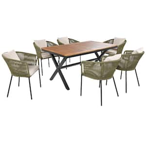 7-Piece Wood Outdoor Dining Set with Beige Cushion Dining Table and Chairs, Acacia Wood Tabletop, Metal Frame in Green