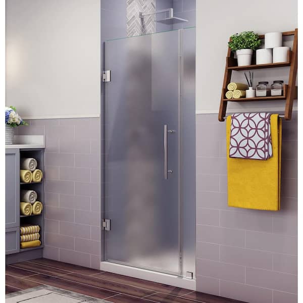 Belmore 43.25 in. to 44.25 in. x 72 in. Frameless Hinged Shower Door with Frosted Glass in Stainless Steel