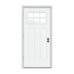 30 in. x 80 in. 6 Lite Craftsman White Painted Steel Prehung Right-Hand Outswing Front Door w/Brickmould