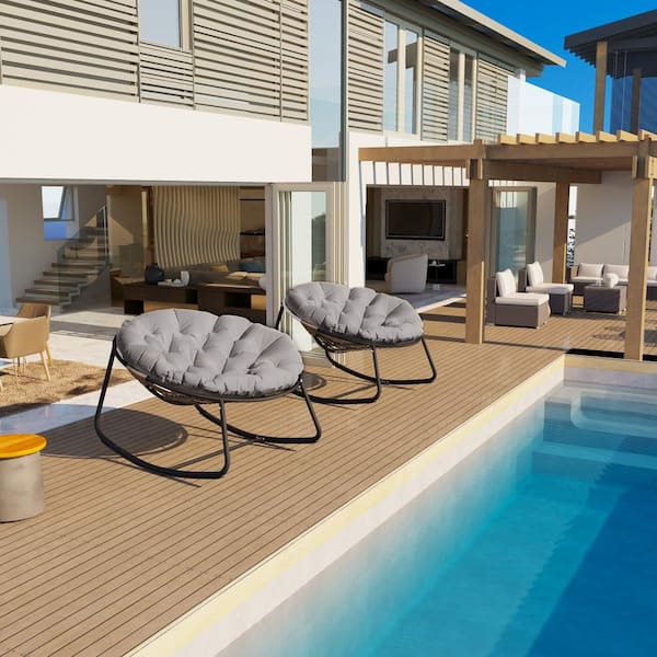 Cesicia Metal Round Outdoor Rocking Chair Dark Gray Frame Light Gray Cushion Water-Resistant Backyard Patio Poolside