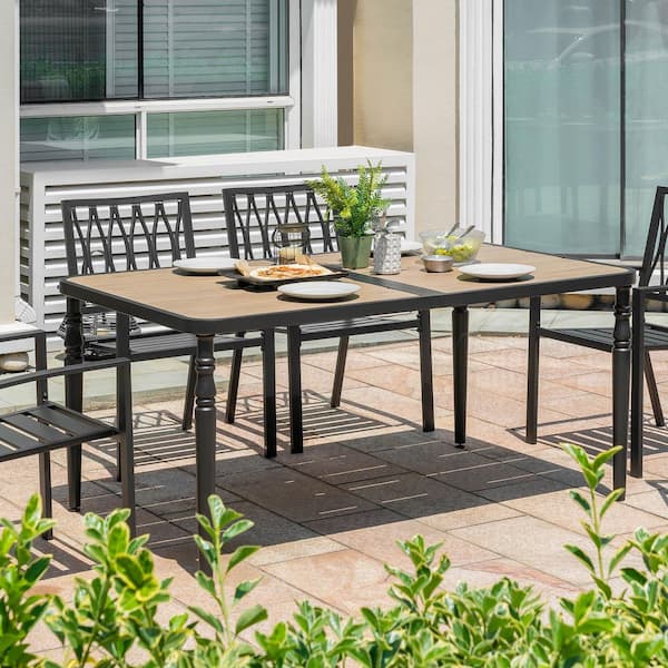 Nuu Garden Black Rectangle Metal Outdoor Dining Table with Wood