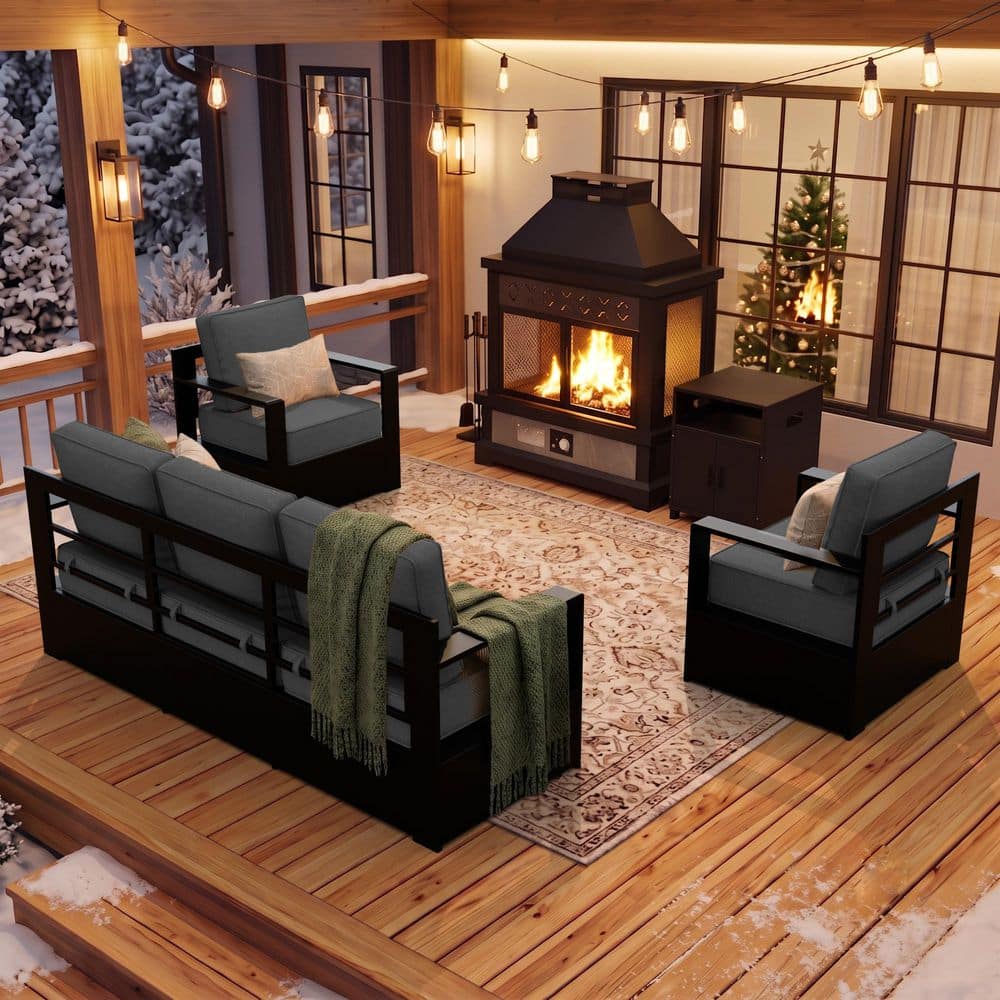 4-Piece Fire Pit Patio Set Aluminum Outdoor Patio Conversation Set with Sofa,Lounge Chair and Thick Gray Cushions
