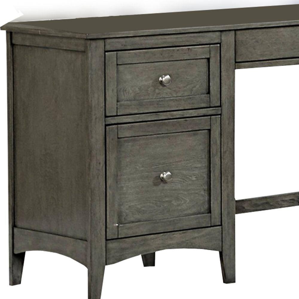 Elegant Gray Wooden Writing Desk with Keyboard Tray and Dual Drawers