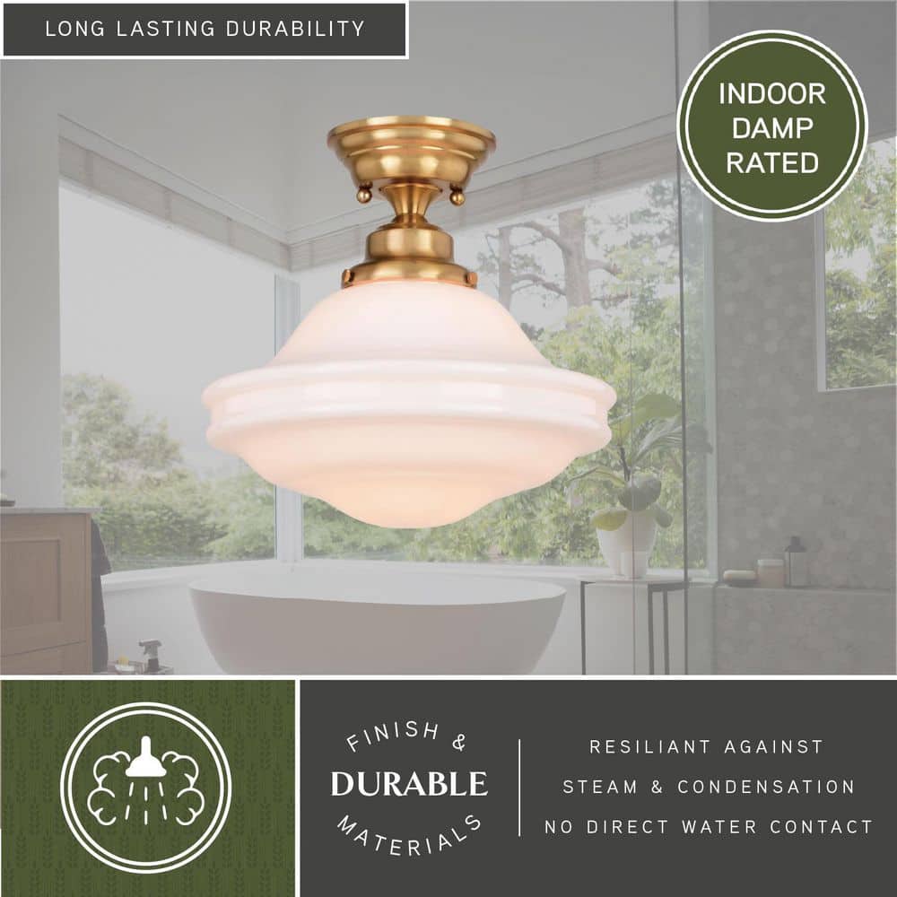 Huntley 12" Natural Brass and White Glass Semi-Flush Ceiling Light
