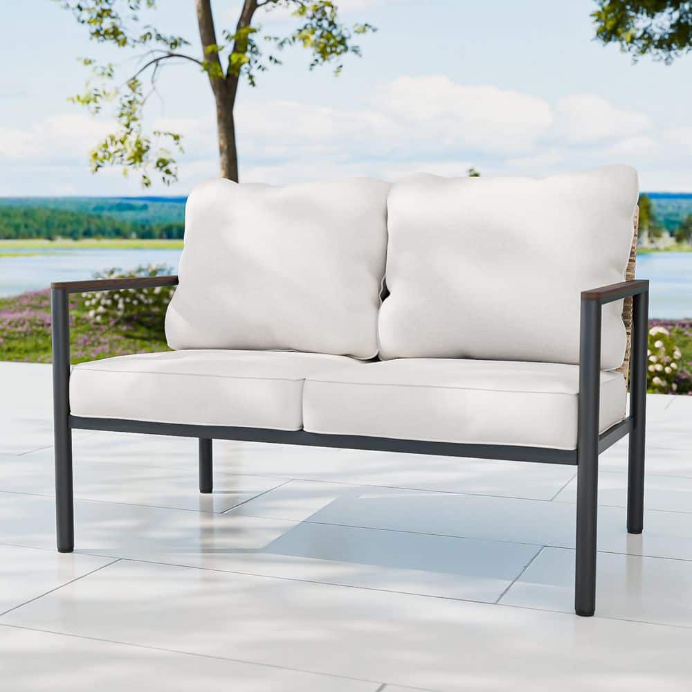 Black Metal Frame Brown Rattan Wicker Outdoor Patio Loveseat with Beige Cushions price history on PriceWatchPro