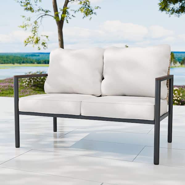 EAGLE PEAK Black Metal Frame Brown Rattan Wicker Outdoor Patio Loveseat with Beige Cushions