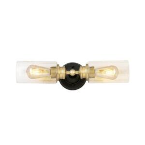 6 in. 2-Light Aged Brass Vanity Light with Clear Seeded Glass Shade, Display