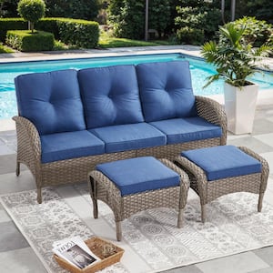 Carlos 3-Piece Gray Wicker Outdoor Sofa set Patio Sectional Couch with Blue Cushions and Ottomans