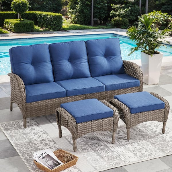 Carlos 3-Piece Gray Wicker Outdoor Sofa set Patio Sectional Couch with Blue Cushions and Ottomans