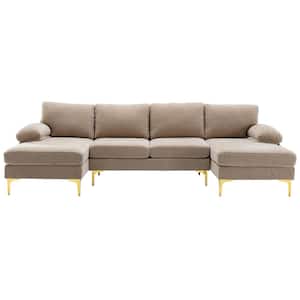 110 in W Light Brown 4-piece U Shaped Fabric Modern Sectional Sofa with 2 Arms and Golden Metal Legs