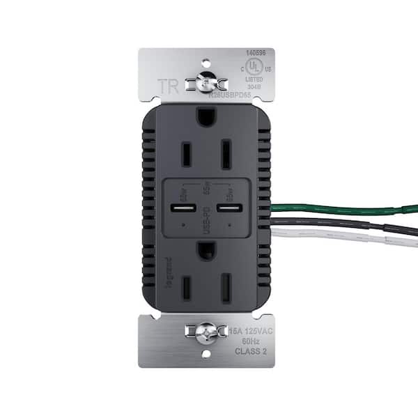 radiant 15A Tamper Resistant 65W Power Delivery USB Type C Duplex Outlet Graphite