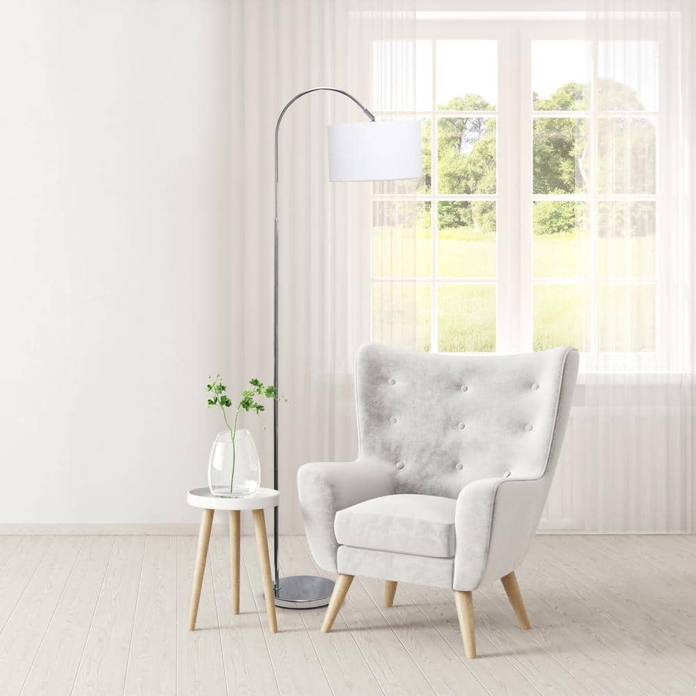 66" Brushed Nickel Arc Floor Lamp with White Fabric Shade