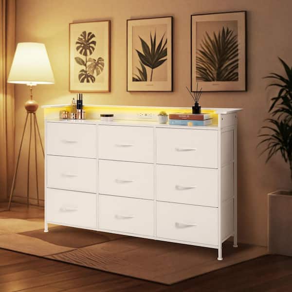 9 Drawer Dresser, Tall Drawer Dresser with Fabric Bin, Closet Storage Drawers with Sturdy Metal Frame White