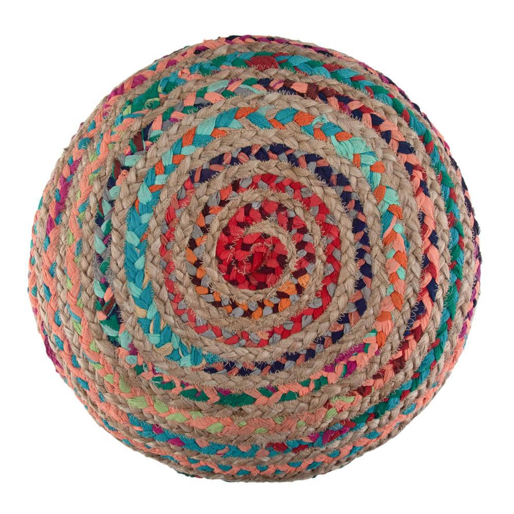 Margo Boho Hand-Braided Jute & Cotton Round Pouf, Multicolor